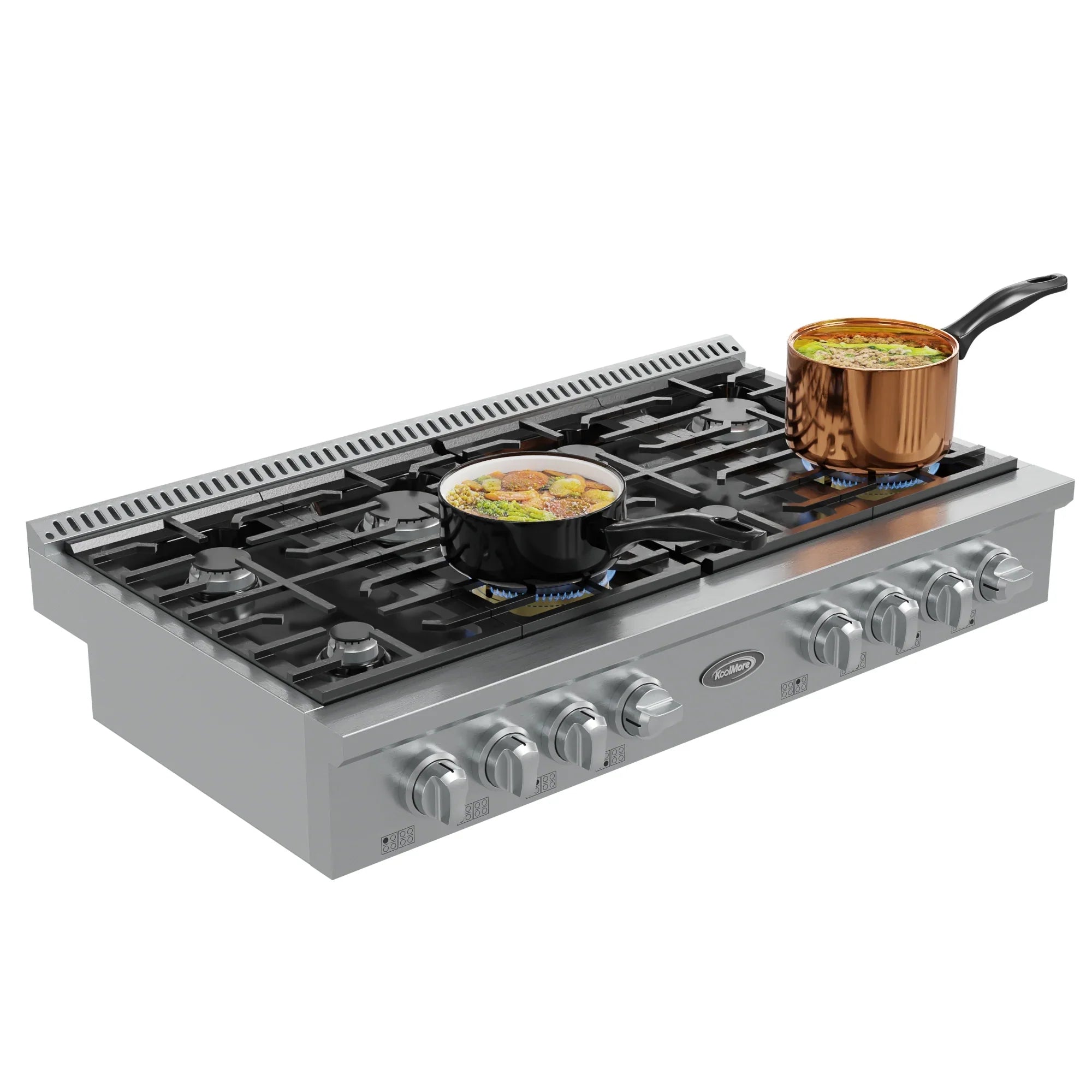 48 in Gas Range-Top with 8 Sealed Italian Burners and Stainless-Steel Stovetop Knobs.